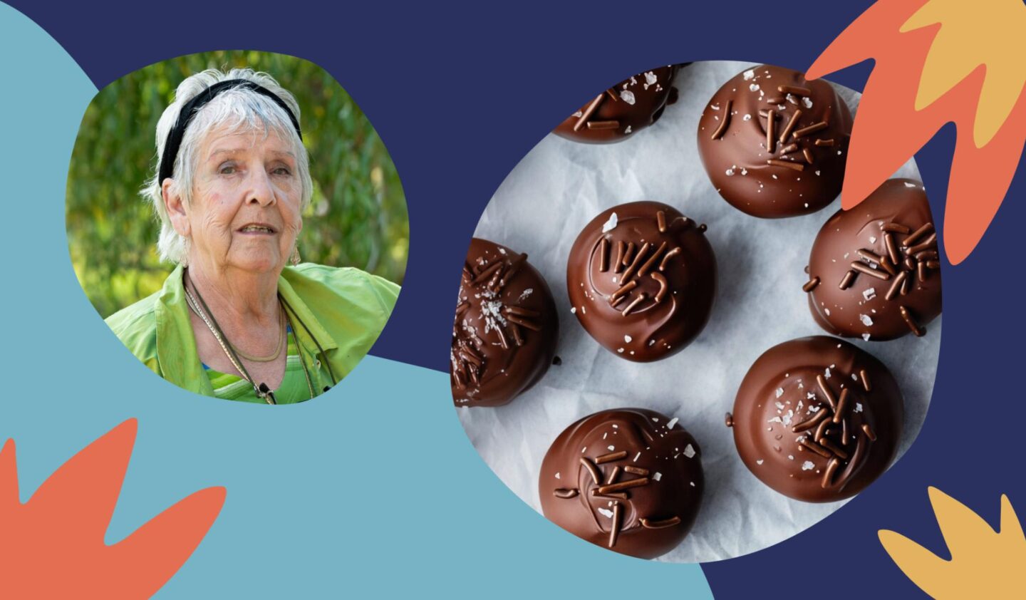 Portrait de Pierrette Guertin et bouchées au chocolat.